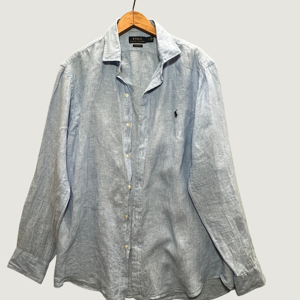 Polo Ralph Lauren Mens Light Blue Linen Button Down Shirt Classic Fit Large